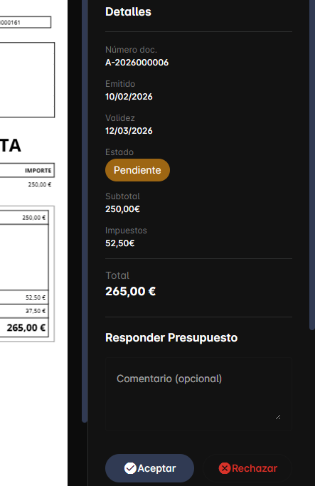Añadir comentarios en presupuestos y facturas portal del cliente kiby ERP