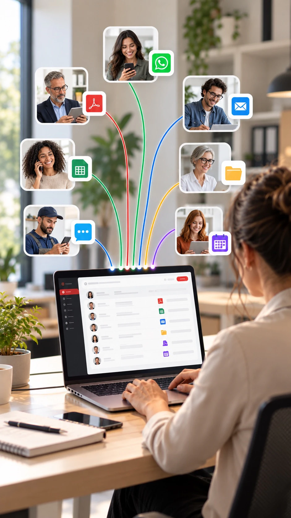 Clientes que escriben por WhatsApp, email, chat o documentos y todo llega a una sola bandeja en Kiby
