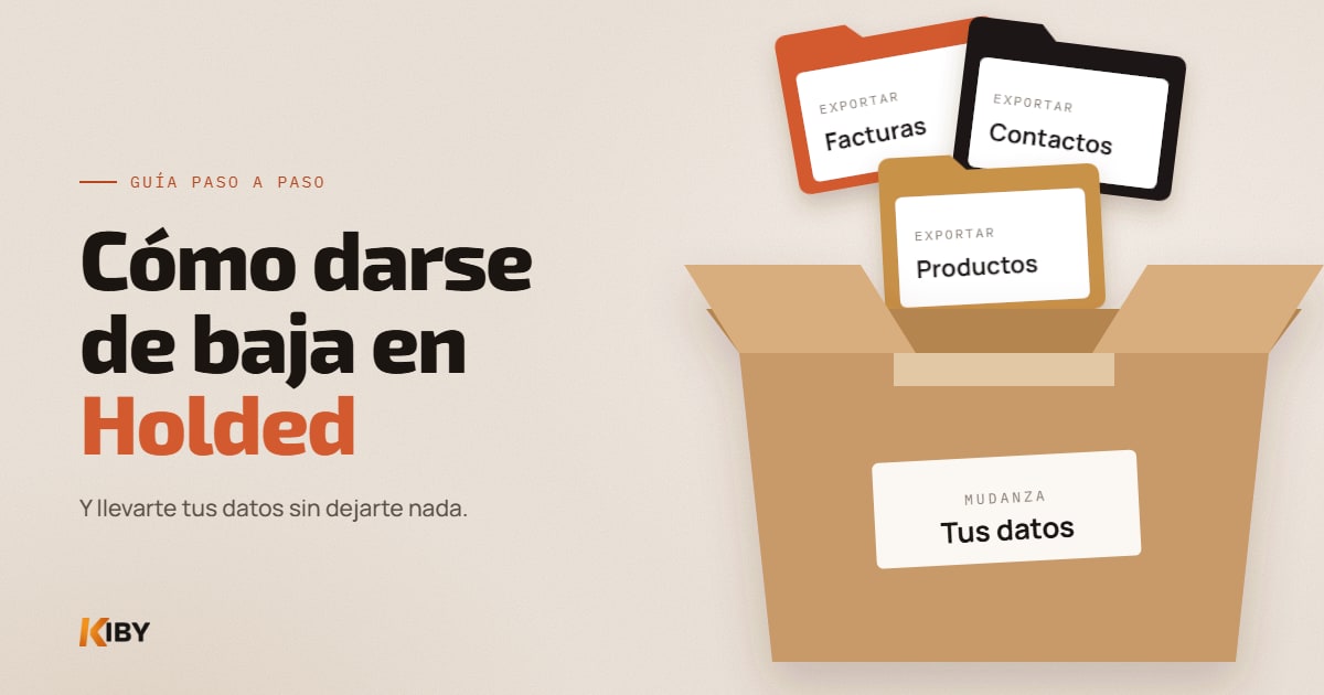 Caja de mudanza con carpetas de facturas, contactos y productos exportados antes de darse de baja en Holded