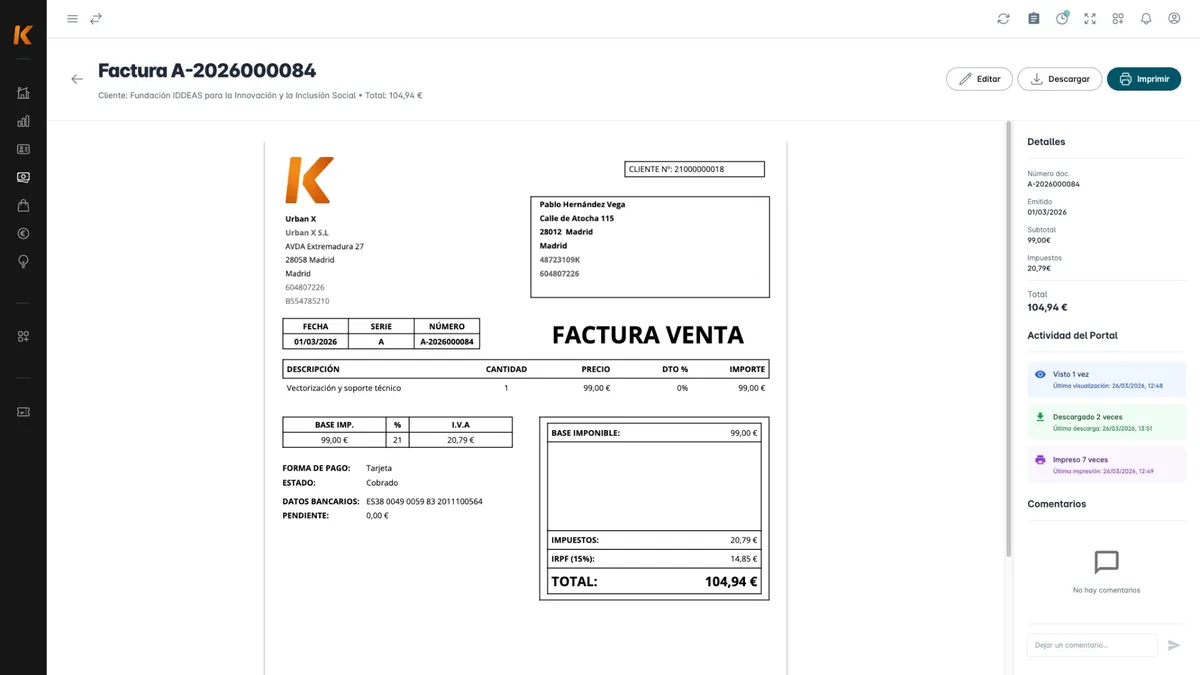 Factura en Kiby con la actividad del portal: vista, descargada e impresa