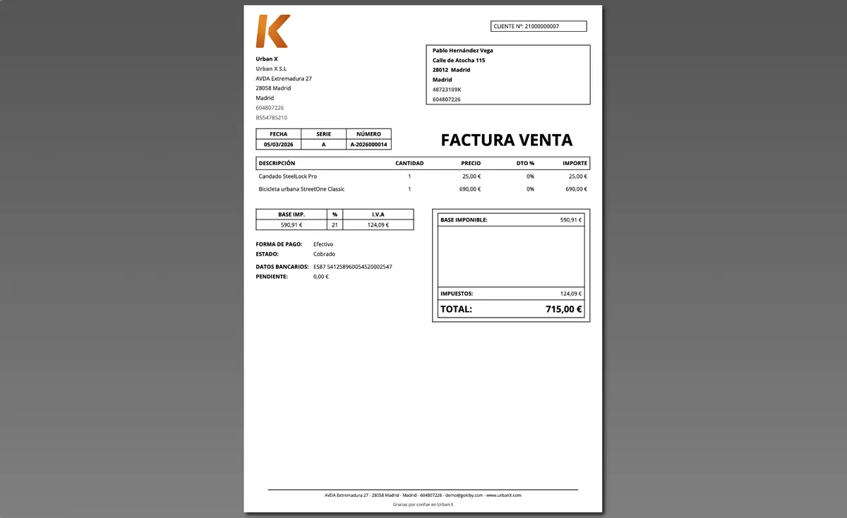 Factura de venta creada en Kiby con el logotipo de la empresa