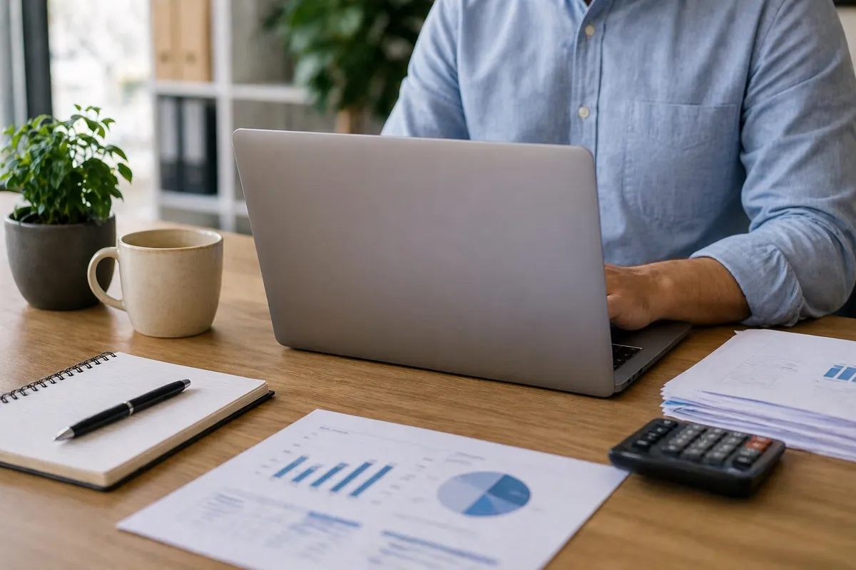 Persona trabajando con un portátil, informes con gráficos y una calculadora