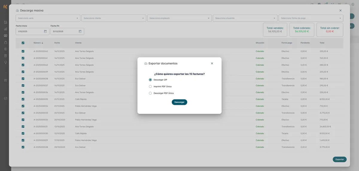 Descarga masiva de facturas en Kiby con opciones para exportar en ZIP o PDF