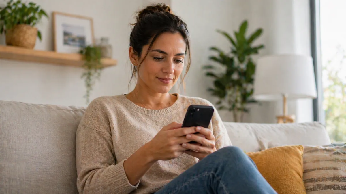 Mujer en un sofá mirando su móvil
