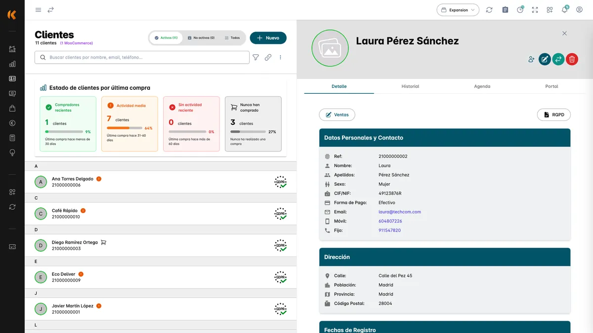 Lista de clientes en Kiby y ficha de cliente con sus datos de contacto