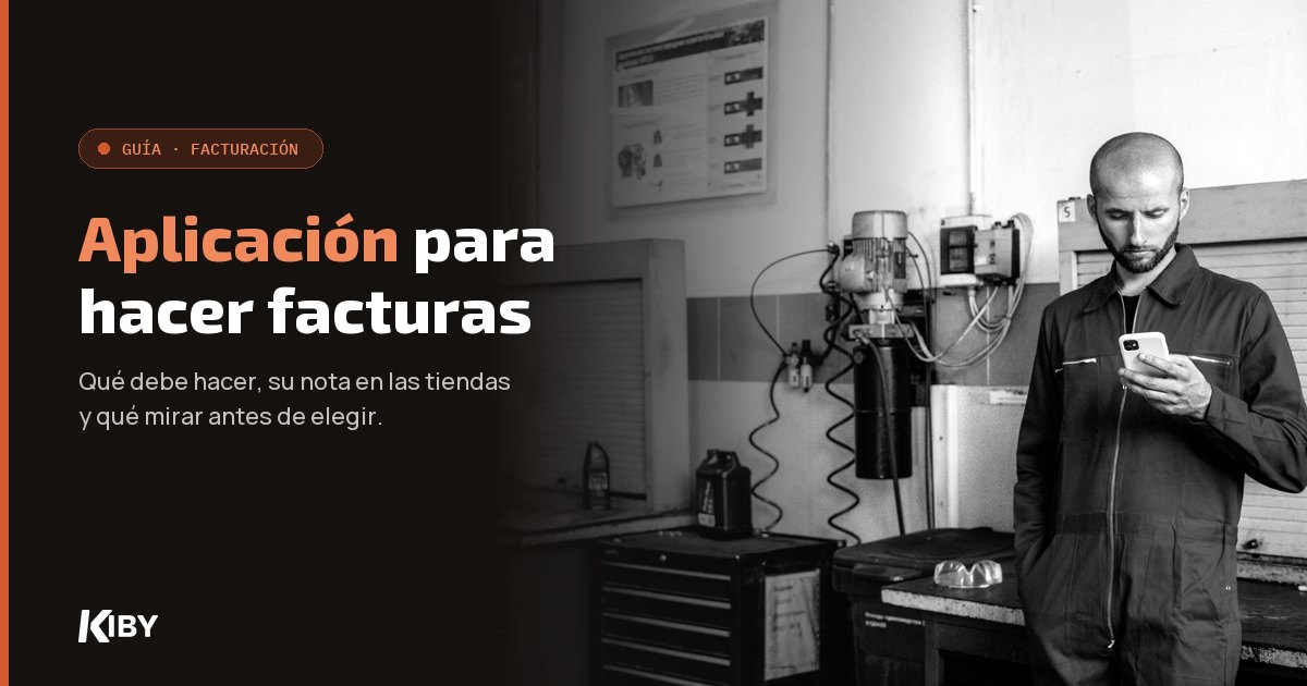 Autónomo con mono de trabajo mirando el móvil en su taller, con el título «Aplicación para hacer facturas»