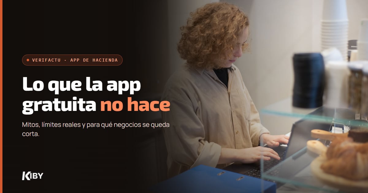 Mujer trabajando con su portátil en el mostrador de su local, con el título Lo que la app gratuita no hace