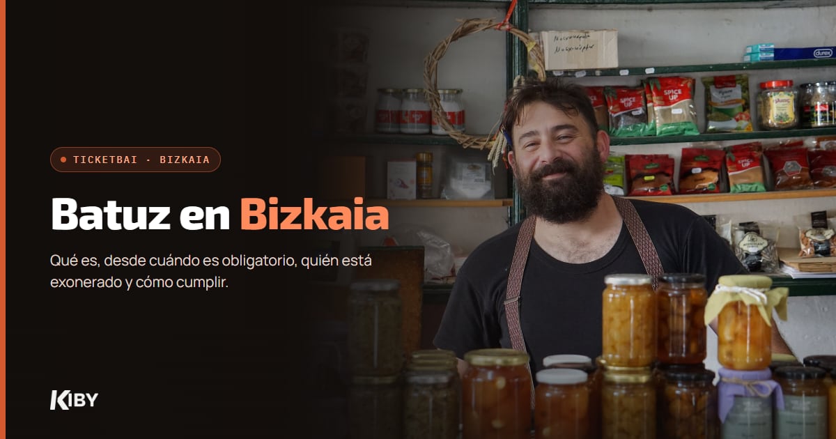 Dueño de una tienda de alimentación en su mostrador, con el título Batuz en Bizkaia