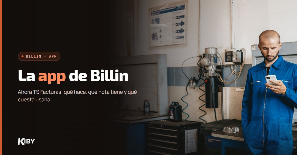 Mecánico mirando el móvil en su taller, con el título La app de Billin