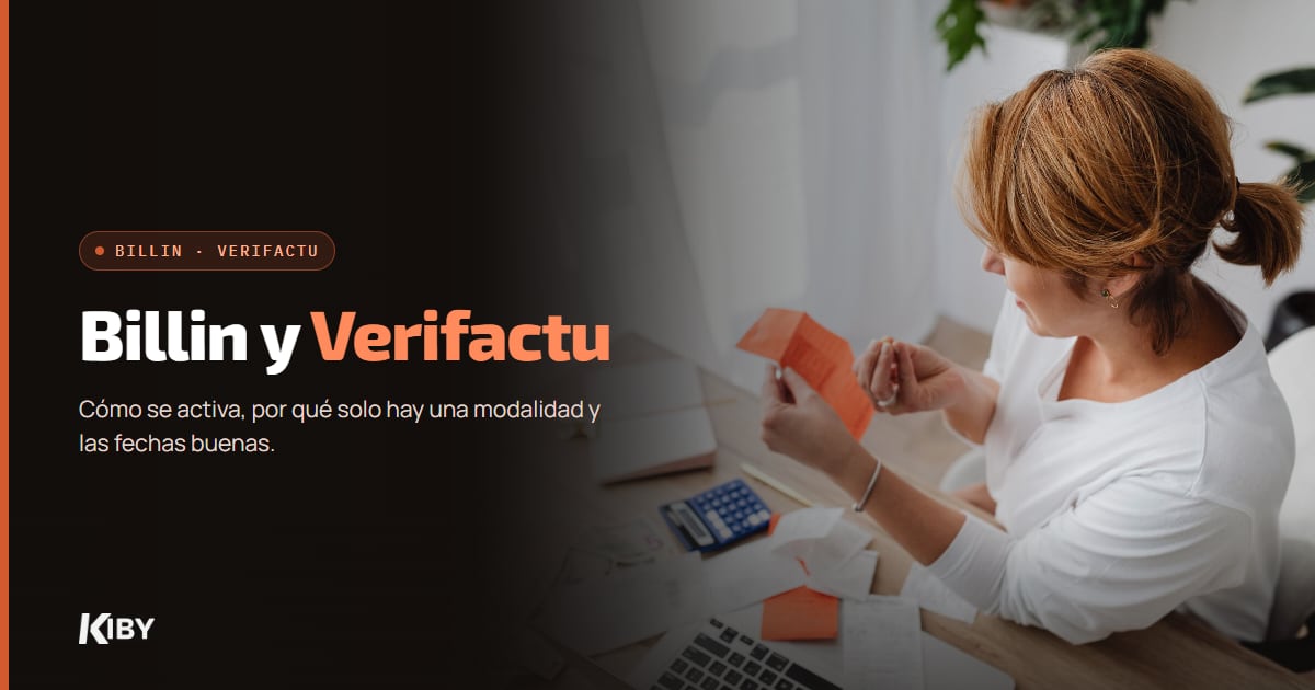 Mujer revisando tickets con calculadora en casa, con el título Billin y Verifactu