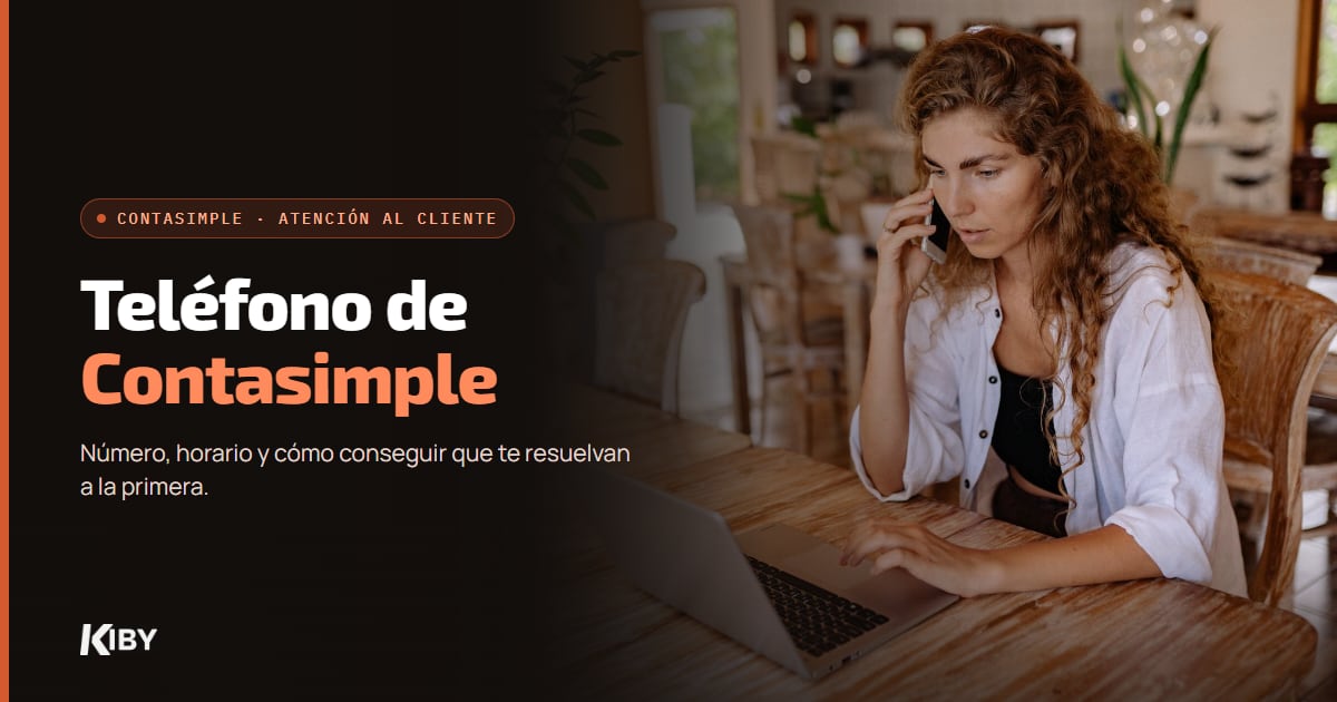Mujer hablando por teléfono frente a su portátil, con el título Teléfono de Contasimple