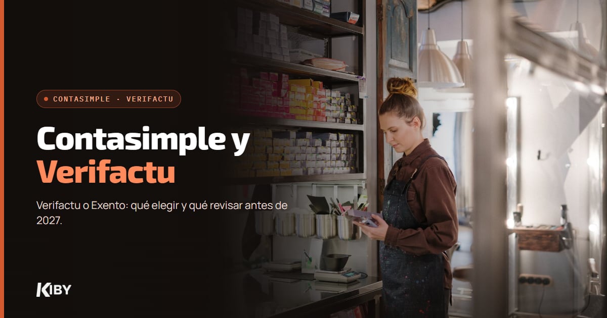 Dueña de un comercio revisando su móvil junto a las estanterías, con el título Contasimple y Verifactu