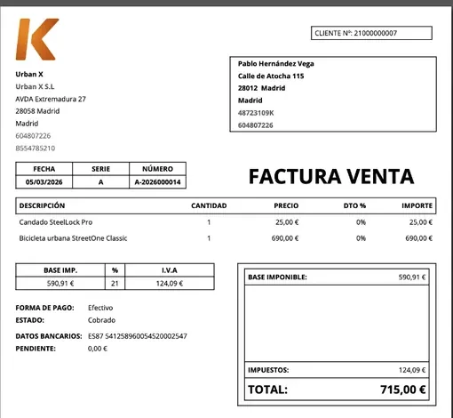 Factura de venta de Kiby con el logotipo de la empresa, los datos del cliente, los conceptos y el total
