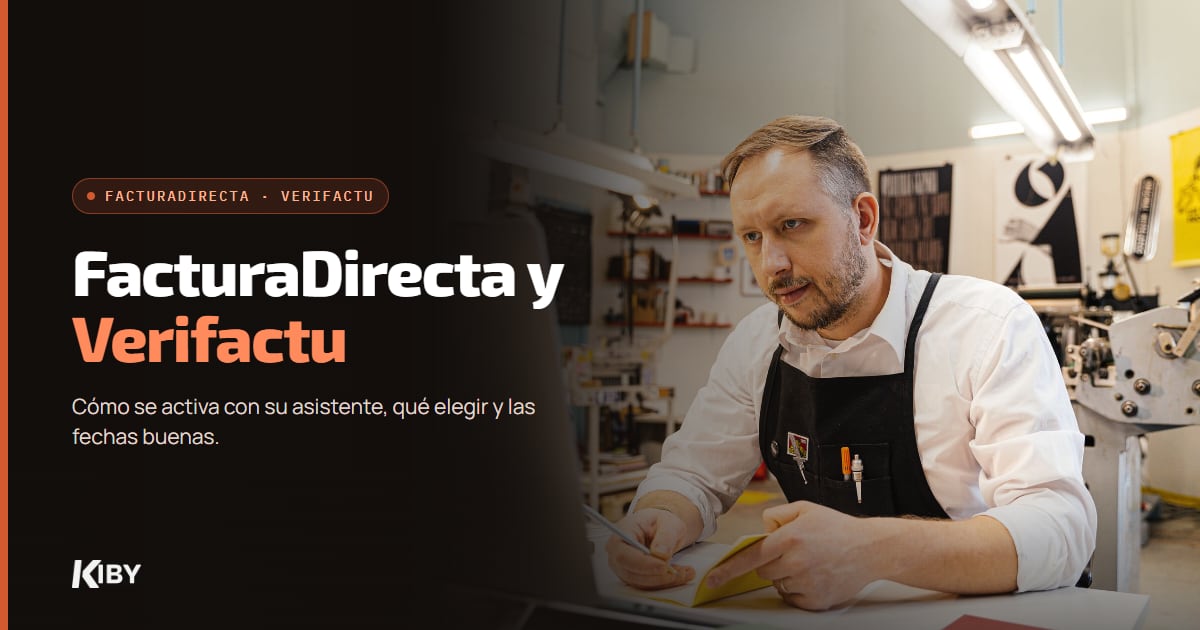 Dueño de una imprenta revisando papeles en su taller, con el título FacturaDirecta y Verifactu