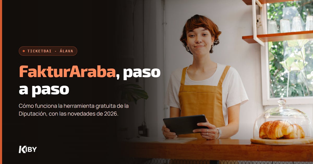 Dependienta de una cafetería con una tableta en el mostrador, con el título FakturAraba paso a paso