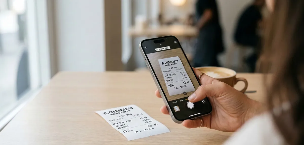 Persona fotografiando con el móvil un ticket de bar, con otro ticket y un café sobre la mesa