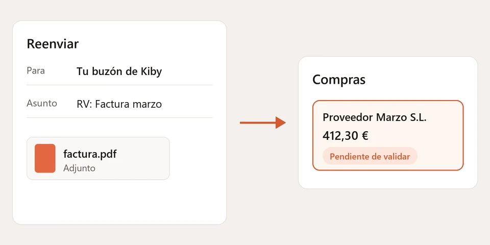 Ilustración: un correo con una factura adjunta reenviado al buzón de Kiby, que aparece en compras pendiente de validar
