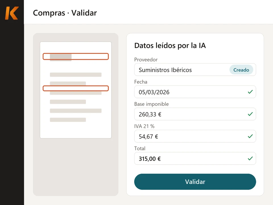Ilustración: factura leída por la IA de Kiby con el proveedor creado y la fecha, la base, el IVA y el total ya rellenados, lista para validar