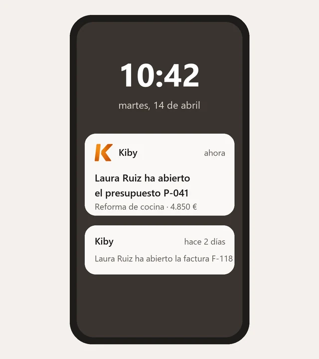 Ilustración: notificación de Kiby en el móvil que avisa de que la clienta acaba de abrir el presupuesto de reforma de cocina
