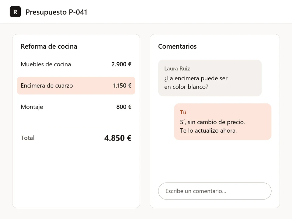 Ilustración: presupuesto en el portal de clientes con un comentario de la clienta sobre la encimera y la respuesta del negocio en el mismo documento