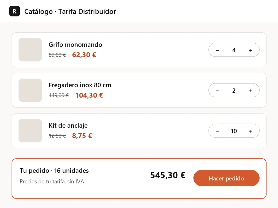 Ilustración: catálogo de Kiby con la tarifa de un distribuidor, el precio general tachado junto a su precio, y el pedido listo para enviar