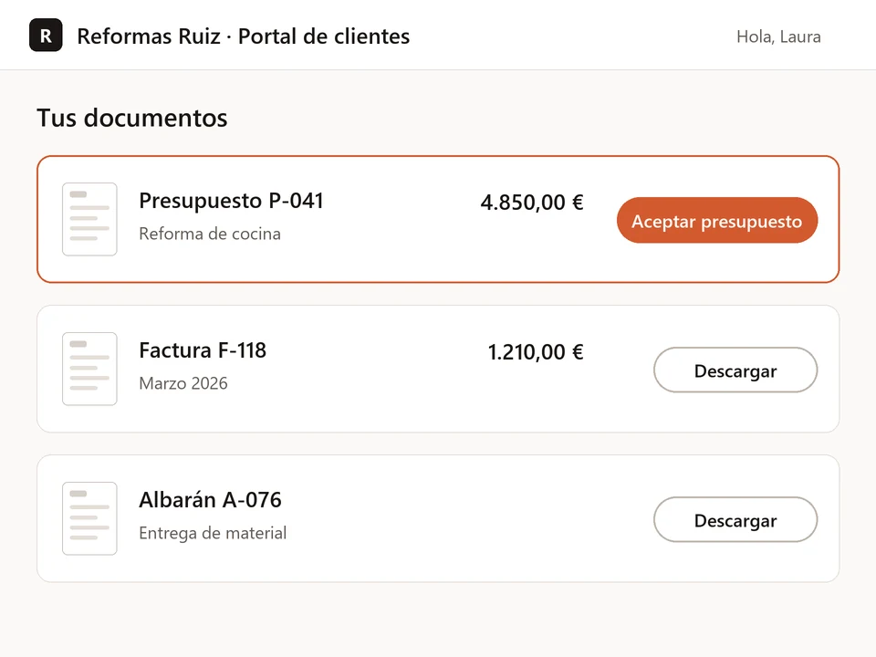 Ilustración: portal de clientes de Kiby visto por una clienta, con un presupuesto listo para aceptar y una factura y un albarán para descargar