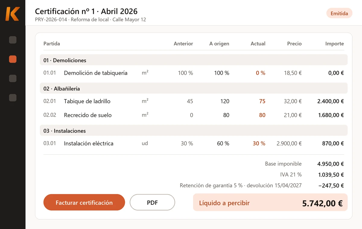 Ilustración: certificación de obra en Kiby por capítulos, con retención de garantía del 5 % y líquido a percibir