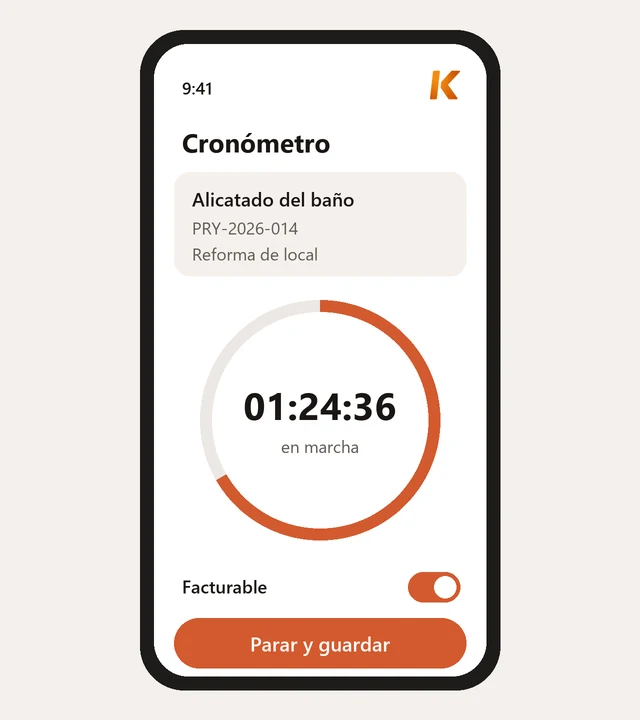 Ilustración: cronómetro de Kiby en el móvil midiendo una tarea marcada como facturable