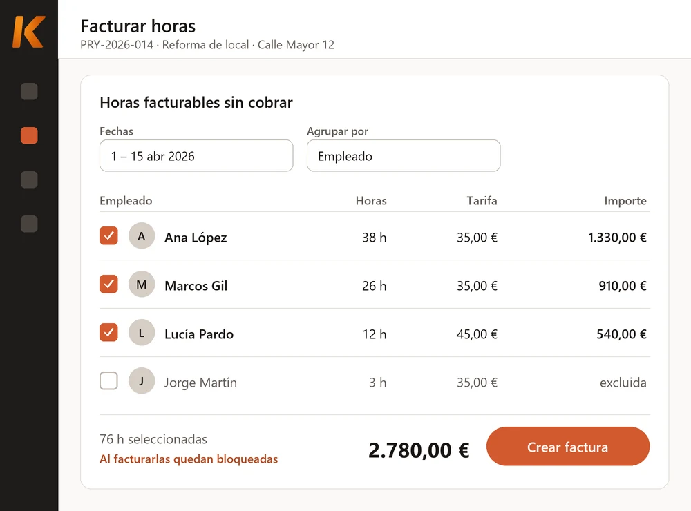Ilustración: Facturar horas en Kiby, con las horas sin cobrar agrupadas por empleado y el botón Crear factura