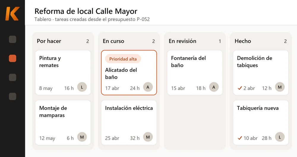 Ilustración: tablero kanban de un proyecto en Kiby, con las tareas creadas desde el presupuesto