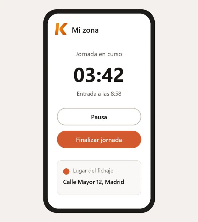 Ilustración: fichaje desde el móvil en Mi zona de Kiby, con la jornada en curso, los botones de pausa y de finalizar y el lugar del fichaje