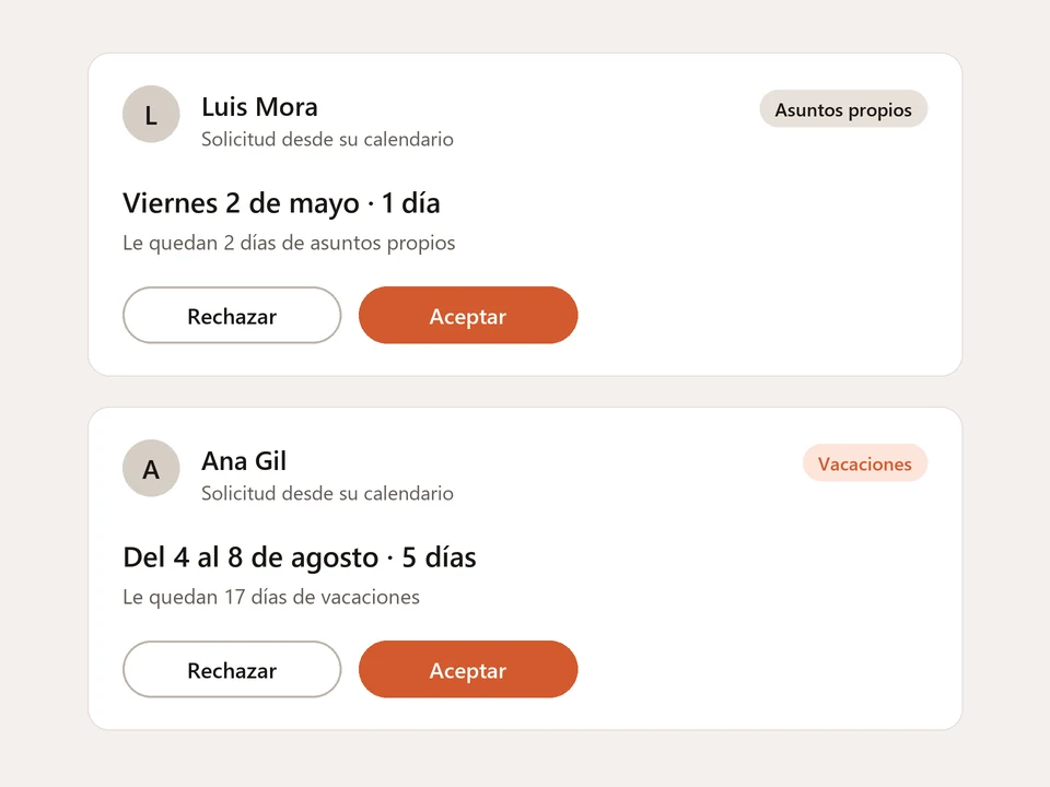 Ilustración: dos solicitudes en Kiby, una de asuntos propios y otra de vacaciones, con los días que le quedan a cada empleado y los botones de aceptar y rechazar