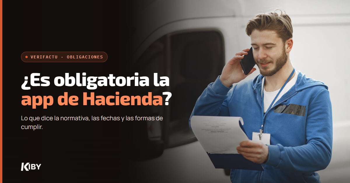 Trabajador hablando por teléfono junto a su furgoneta, con el título ¿Es obligatoria la app de Hacienda?
