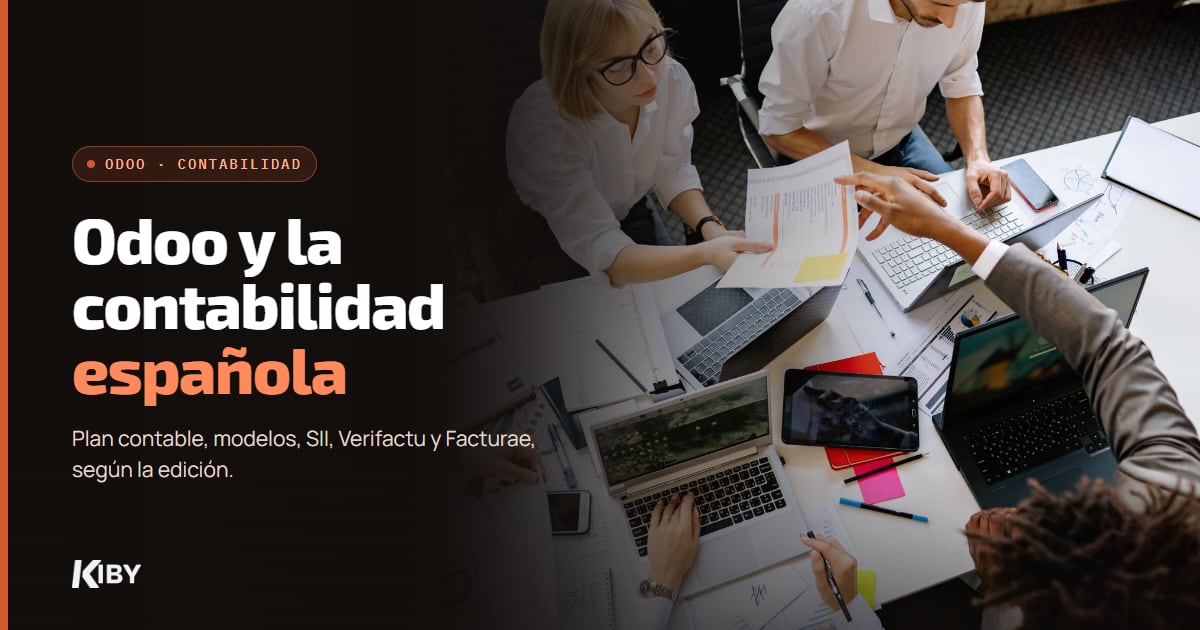Equipo revisando documentos y cifras con sus portátiles, con el título Odoo y la contabilidad española