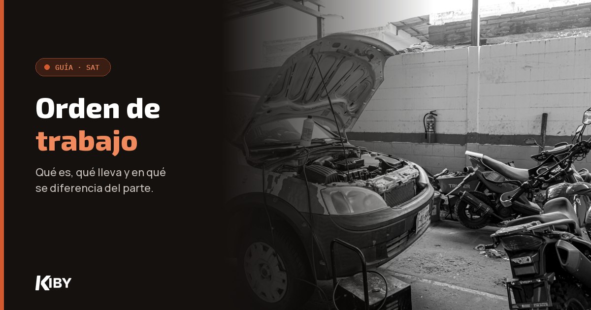 Coche con el capó abierto en un taller, con el título «Orden de trabajo»