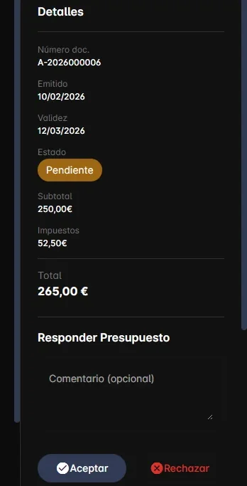 Portal del cliente de Kiby con los datos de un presupuesto pendiente y los botones Aceptar y Rechazar