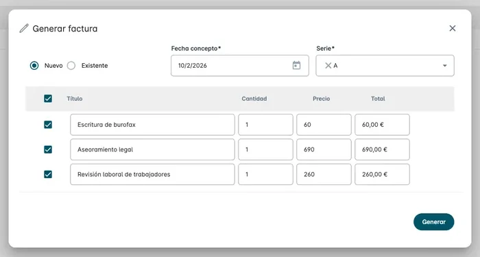 Ventana Generar factura de Kiby con tres conceptos de un presupuesto marcados, sus cantidades, precios y totales