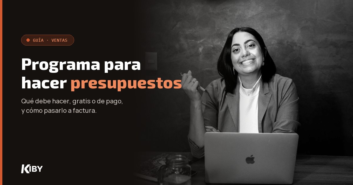 Empresaria sonriente con su portátil en la mesa, con el título «Programa para hacer presupuestos»