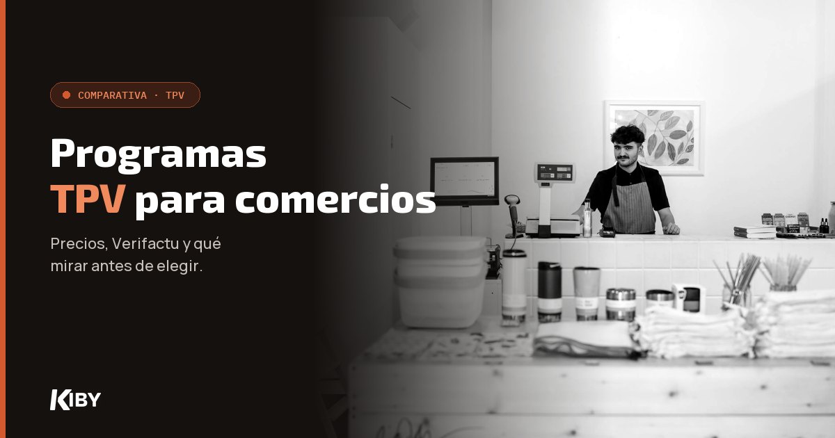Dependiente detrás del mostrador de una tienda con su TPV, con el título «Programas TPV para comercios»