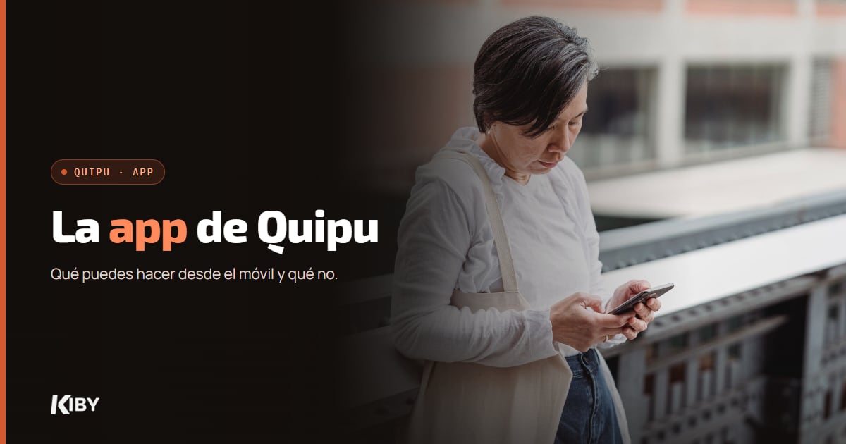Mujer consultando el móvil en la calle, con el título La app de Quipu