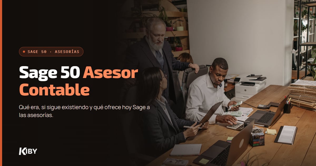 Equipo de una asesoría trabajando en su despacho, con el título Sage 50 Asesor Contable