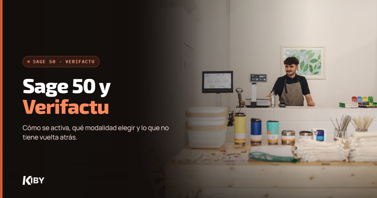 Dependiente detrás del mostrador de su tienda, con el título Sage 50 y Verifactu