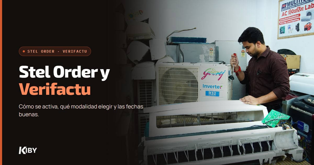Técnico de aire acondicionado en su taller, con el título Stel Order y Verifactu